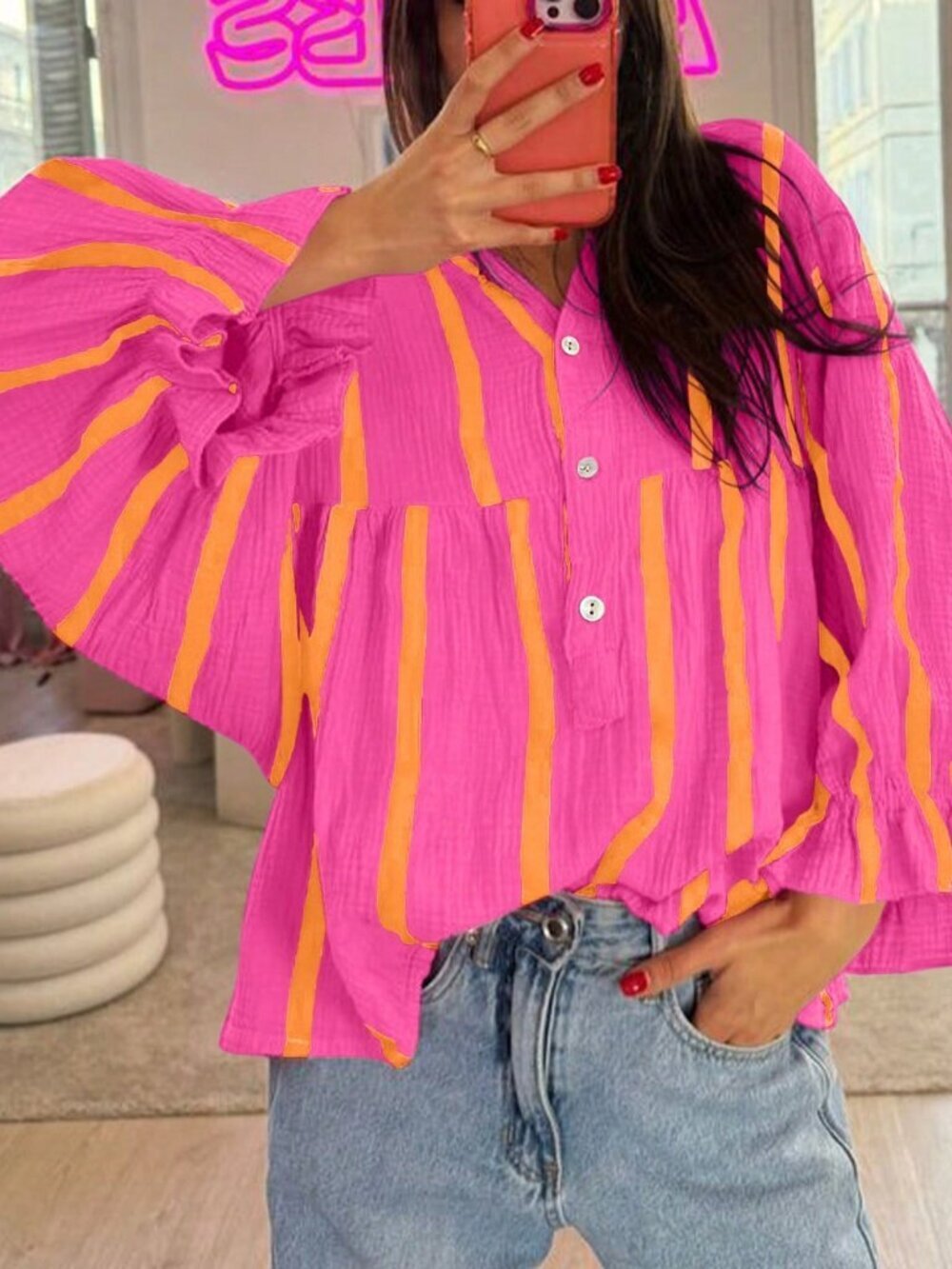 Rose Red Yellow Casual Women's Blouse with Flared Sleeves, Striped Loose Fit